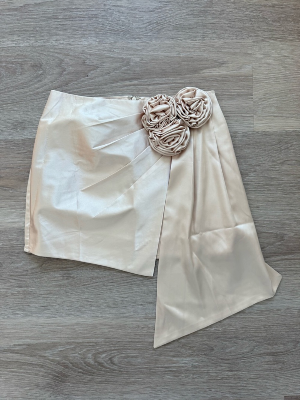 Satin Mini Skirt with Floral Rosette Detail in Cream